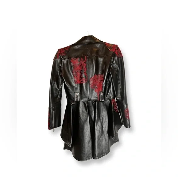 Alexander McQueen Zip Front Embroidered Peplum Leather Moto Jacket, Black, IT38 - Picture 3 of 12